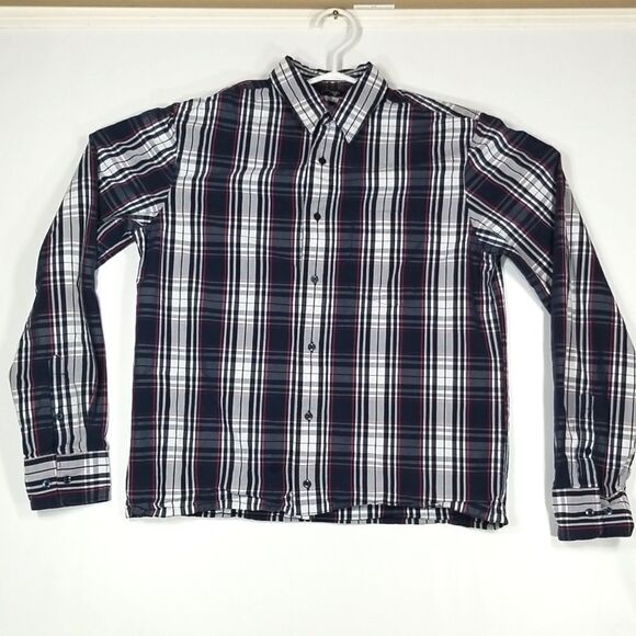 🎁5/$25 George Shirt Men's Small Button Down Long Sleeve Blue Grey Red Plaid - Picture 1 of 6